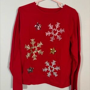 Wonder Nation Girls Red Snowflake Shirt Size 6-6X Sequin Holiday Long Sleeve